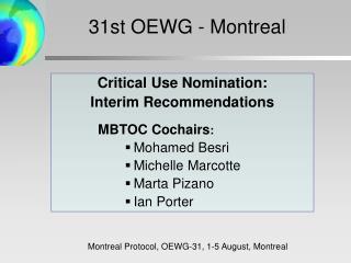Critical Use Nomination: Interim Recommendations 	 MBTOC Cochairs : Mohamed Besri