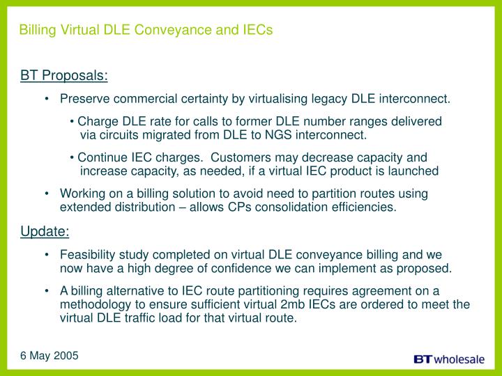 billing virtual dle conveyance and iecs