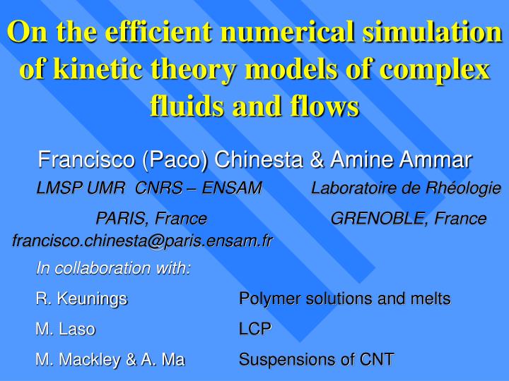 on the efficient numerical simulation of kinetic theory models of complex fluids and flows