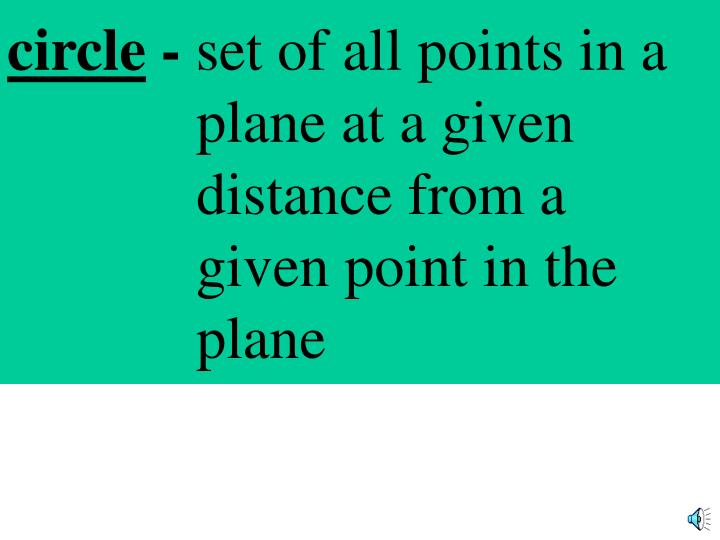 circle set of all points in a plane at a given distance from a given point in the plane