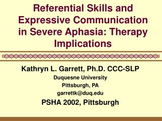 Referential Skills and Expressive Communication in Severe Aphasia: Therapy Implications