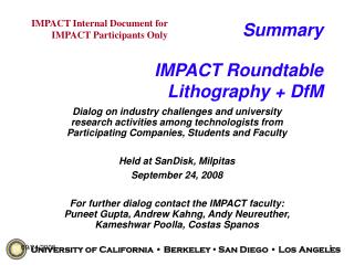 Summary IMPACT Roundtable Lithography + DfM