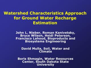 Watershed Characteristics Approach for Ground Water Recharge Estimation