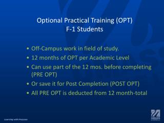 Optional Practical Training (OPT) F-1 Students