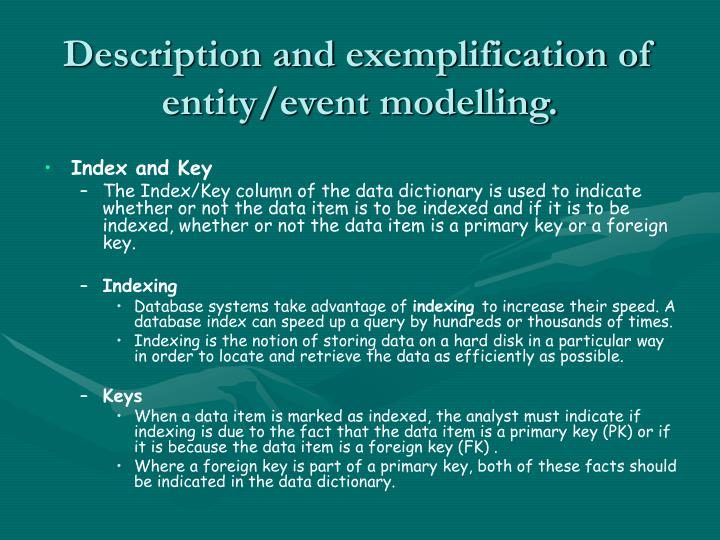 description and exemplification of entity event modelling