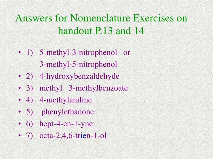 answers for nomenclature exercises on handout p 13 and 14