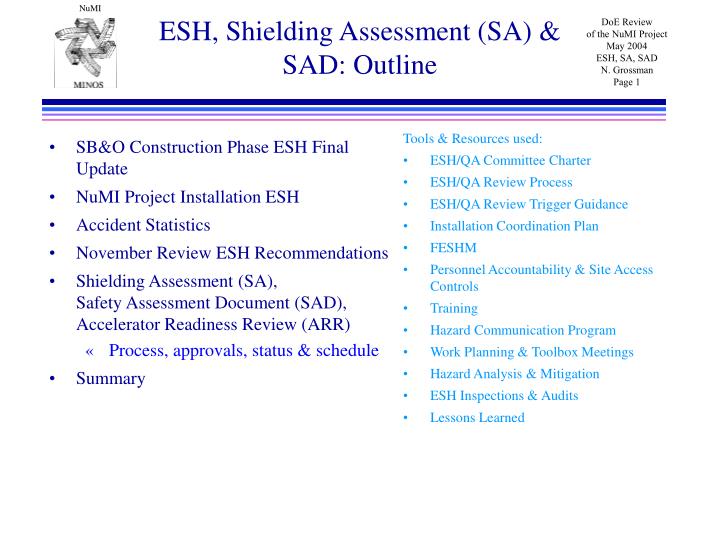 esh shielding assessment sa sad outline