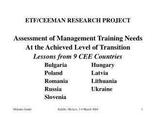ETF/CEEMAN RESEARCH PROJECT