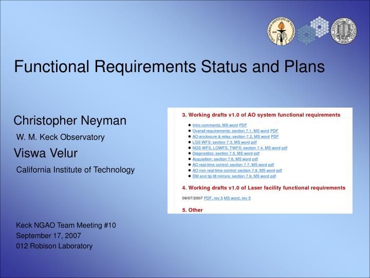 functional requirements status and plans