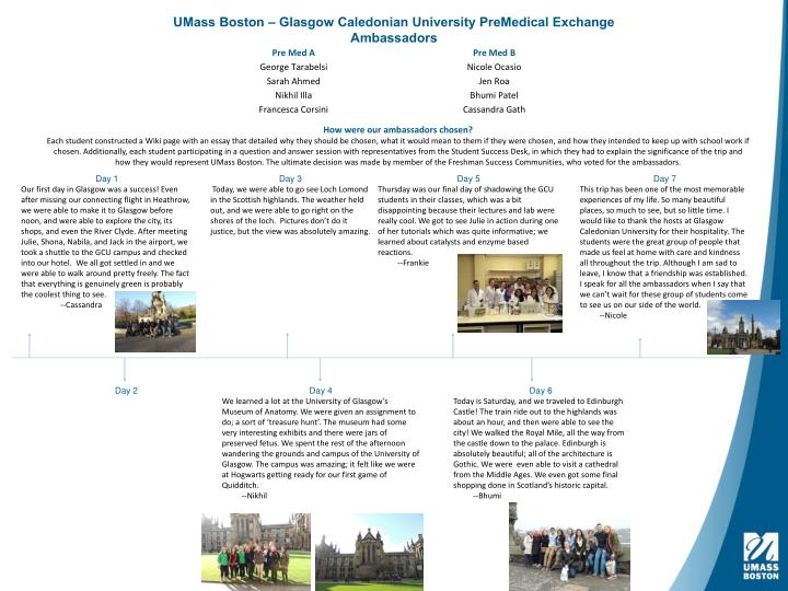 umass boston glasgow caledonian university premedical exchange ambassadors