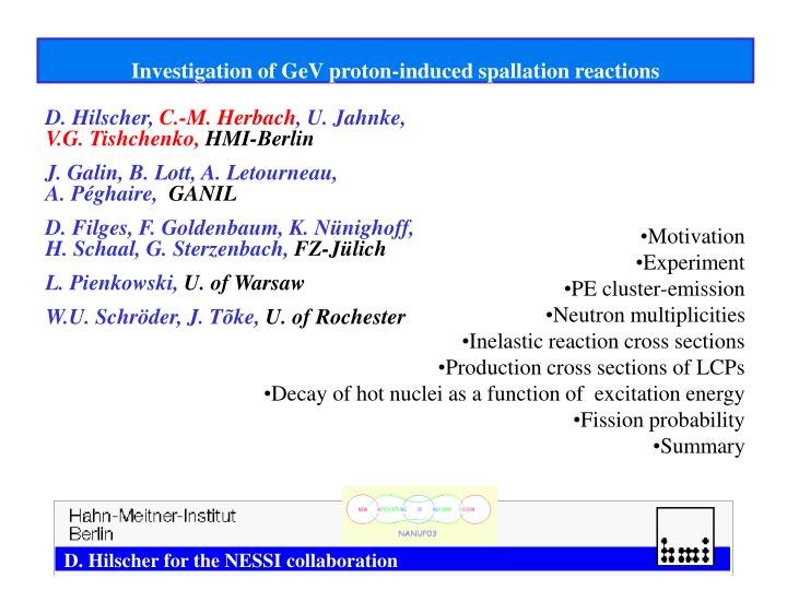 investigation of gev proton induced spallation reactions