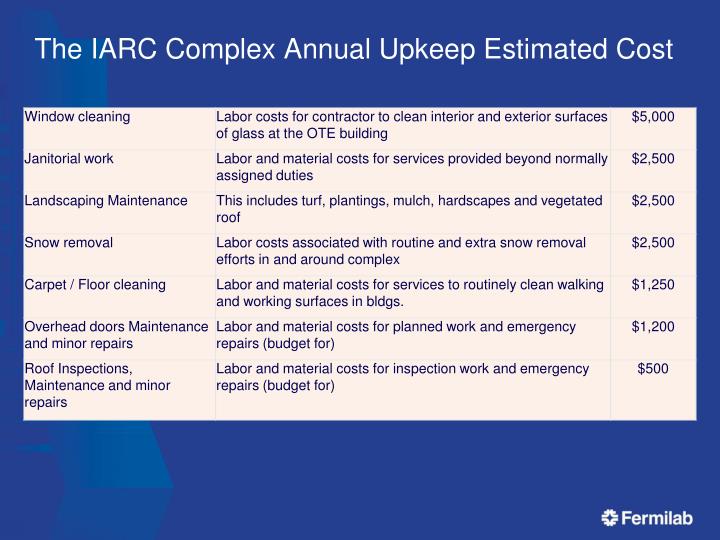 the iarc complex annual upkeep estimated cost