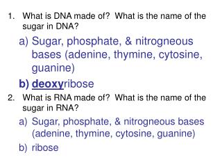 What is DNA made of? What is the name of the sugar in DNA?