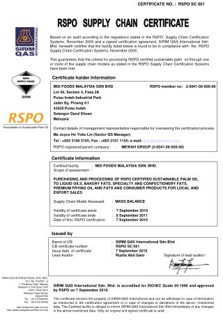 RSPO SUPPLY CHAIN CERTIFICATE