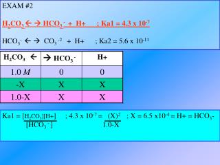 EXAM #2 H 2 CO 3 ? ? HCO 3 - + H+ ; Ka1 = 4.3 x 10 -7