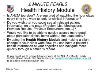 2 MINUTE PEARLS Health History Module