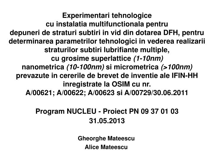program nucleu proiect pn 09 37 01 03 31 05 2013