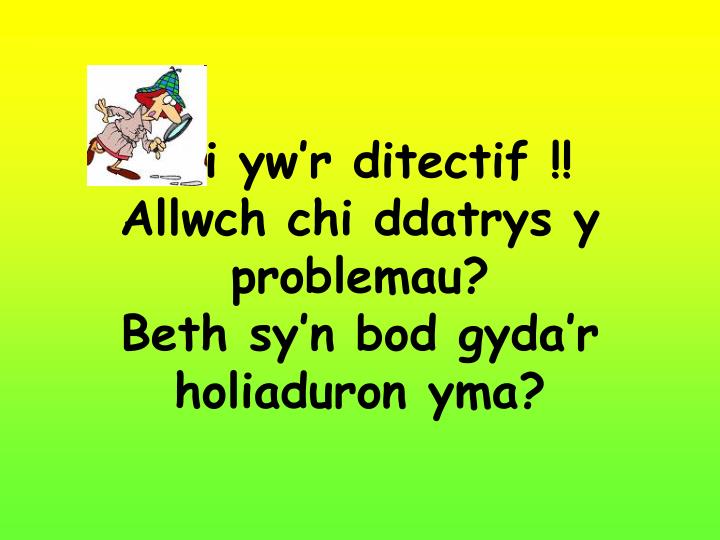 chi yw r ditectif allwch chi ddatrys y problemau beth sy n bod gyda r holiaduron yma