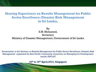 Sharing Experience on Results Management for Public Sector Excellence: Disaster Risk Management