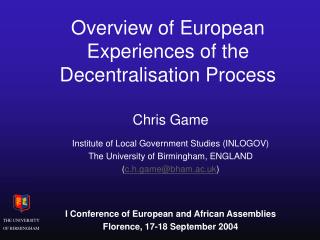 Overview of European Experiences of the Decentralisation Process