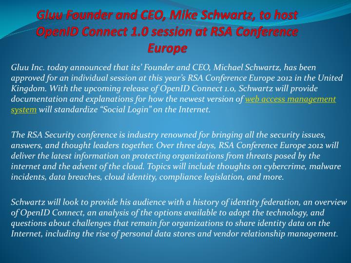 gluu founder and ceo mike schwartz to host openid connect 1 0 session at rsa conference europe