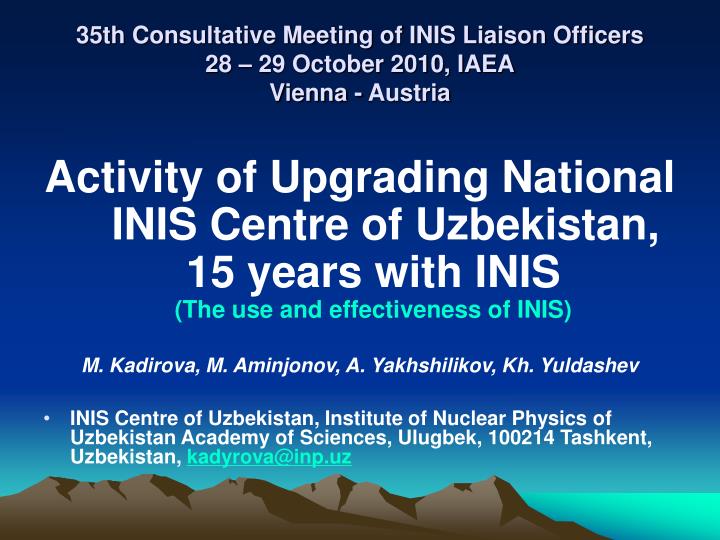35th consultative meeting of inis liaison officers 28 29 october 2010 iaea vienna austria