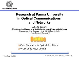 Research at Parma University in Optical Communications and Networks