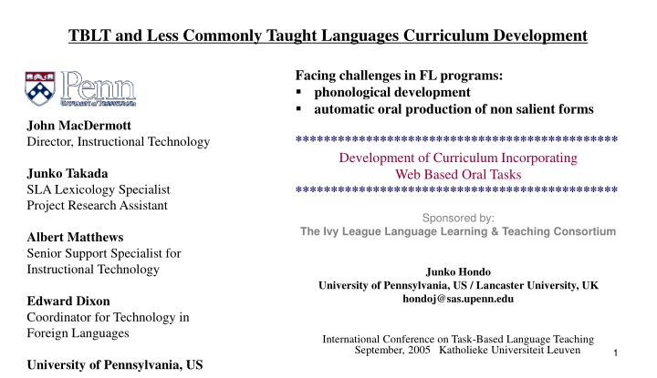 tblt and less commonly taught languages curriculum development