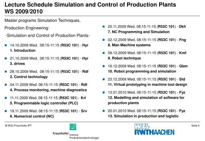 lecture schedule simulation and control of production plants ws 2009 2010
