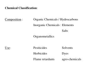 Chemical Classification : Composition :		Organic Chemicals / Hydrocarbons