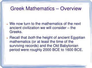 Greek Mathematics – Overview