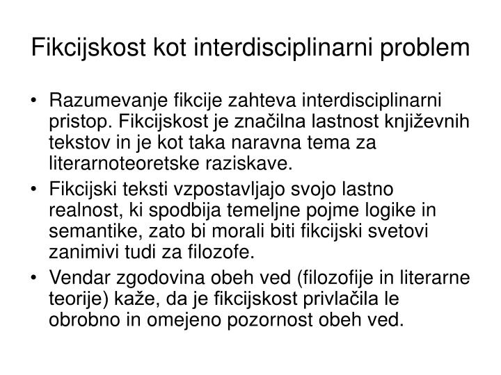 fikcijskost kot interdisciplinarni problem