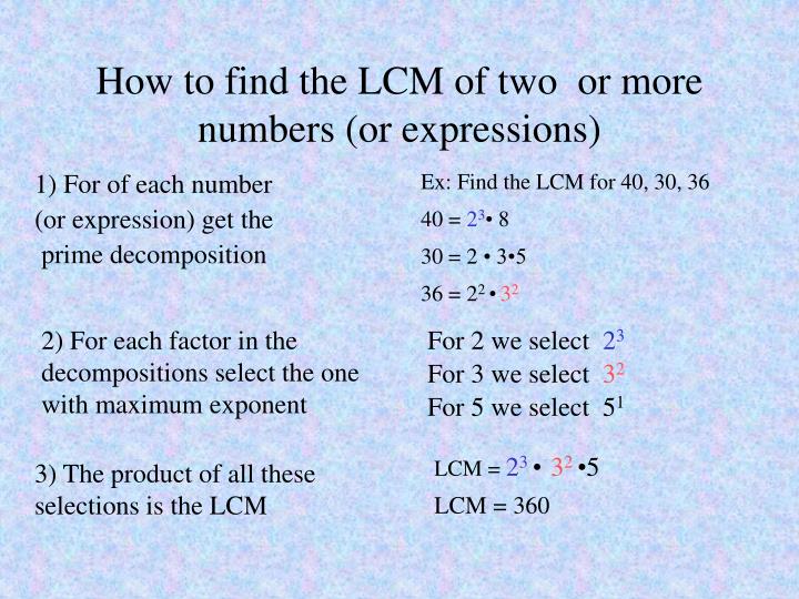 how to find the lcm of two or more numbers or expressions