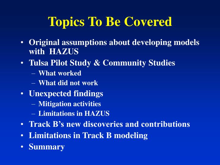 topics to be covered