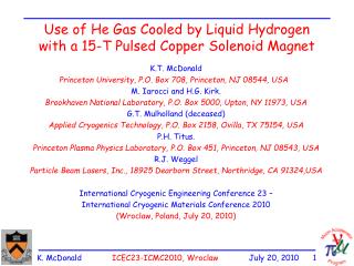 Use of He Gas Cooled by Liquid Hydrogen with a 15-T Pulsed Copper Solenoid Magnet