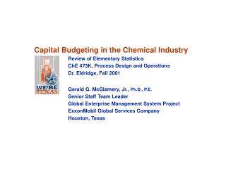 Capital Budgeting in the Chemical Industry Review of Elementary Statistics