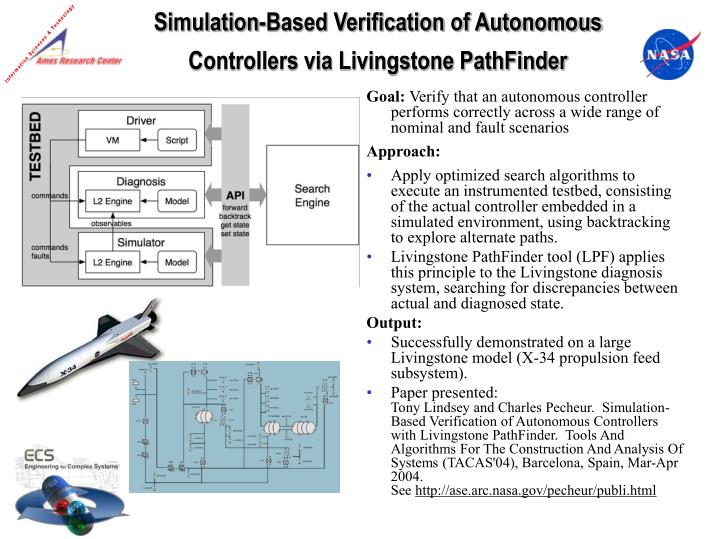 simulation based verification of autonomous controllers via livingstone pathfinder