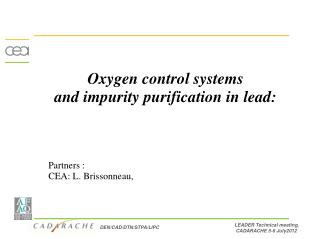 Oxygen control systems and impurity purification in lead: