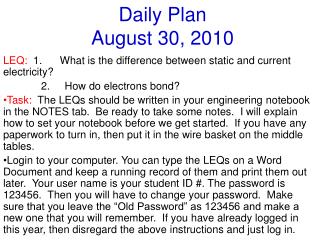 Daily Plan August 30, 2010