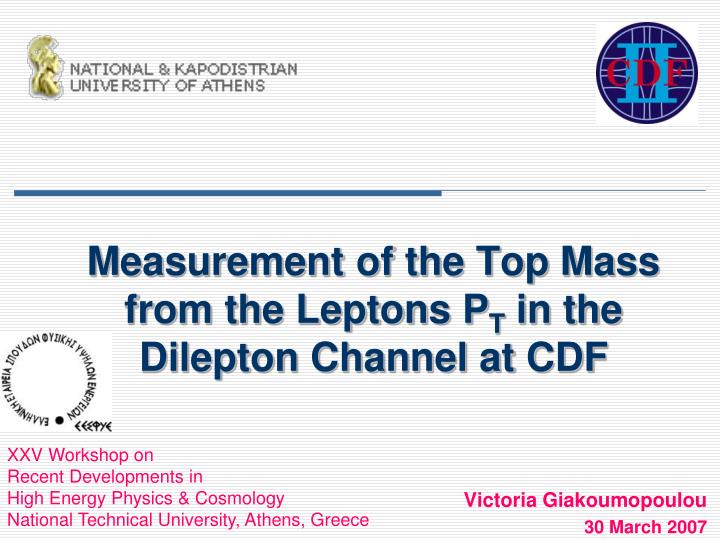 measurement of the top mass from the leptons p t in the dilepton channel at cdf