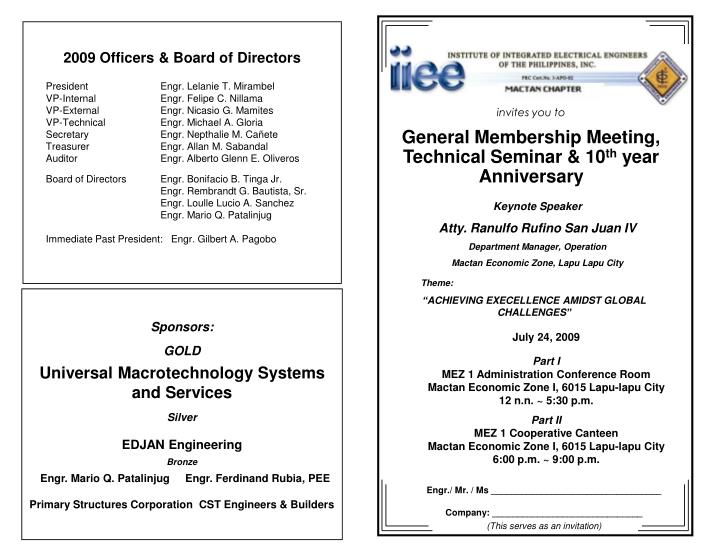 invites you to general membership meeting technical seminar 10 th year anniversary