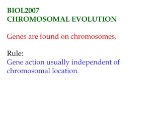 BIOL2007 CHROMOSOMAL EVOLUTION Genes are found on chromosomes. Rule:
