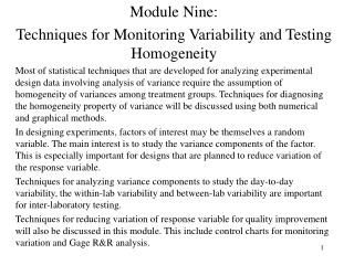 Module Nine: Techniques for Monitoring Variability and Testing Homogeneity