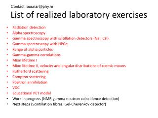 List of realized laboratory exercises