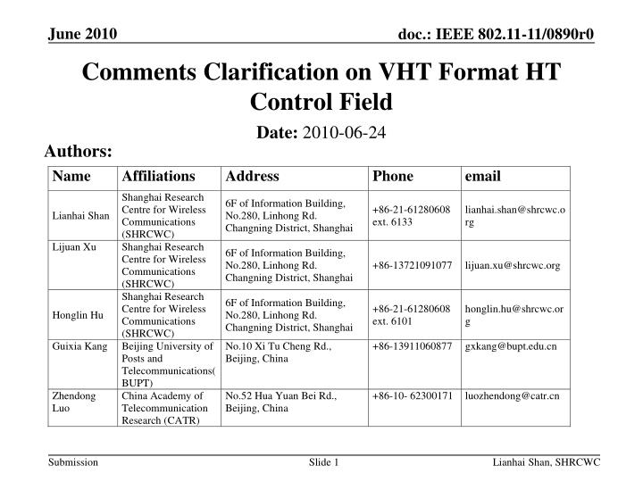 comments clarification on vht format ht control field