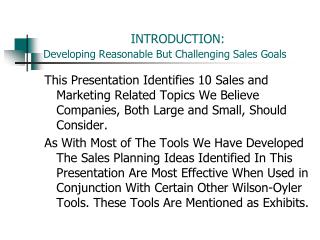 INTRODUCTION: Developing Reasonable But Challenging Sales Goals