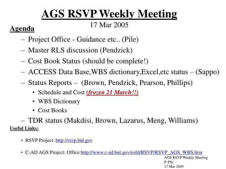 ags rsvp weekly meeting 17 mar 2005
