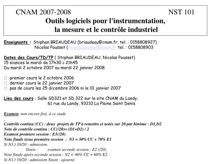 cnam 2007 2008 nst 101 outils logiciels pour l instrumentation la mesure et le contr le industriel