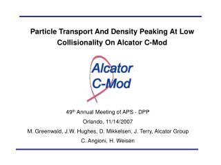 Particle Transport And Density Peaking At Low Collisionality On Alcator C-Mod