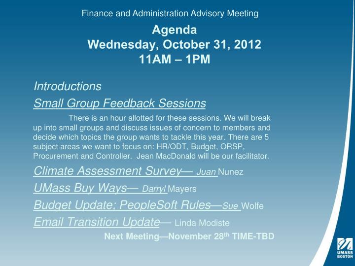 agenda wednesday october 31 2012 11am 1pm